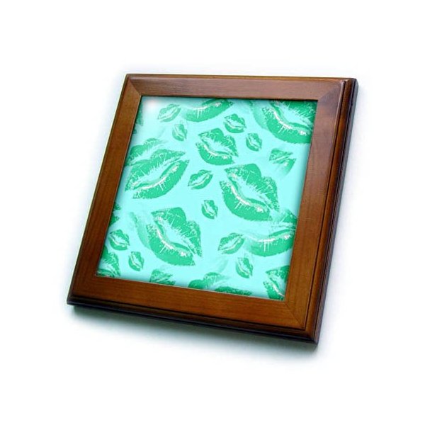 3dRose Two Kisses Collided Lip Affectionate Aqua Colored Lips Pattern - Framed Tiles (ft_357228_1)