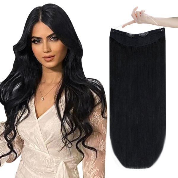 Easyouth Wire Hair Extensions Real Human Hair Black Human Hair Wire Hair Extensions with Transparent Headband Jet Black #1 Invisible Wire Human Hair Extensions 18 inch 80g
