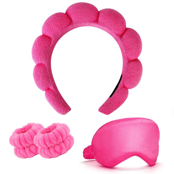 CAVETEE Spa Headband with Sleep Eye Mask Set, Spa Party Decorations Bubble Headband Thick Sponge Headband with Strong Water Absorption for Makeup Removal Skincare Shower (Hot Pink)