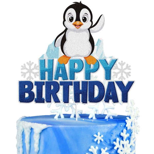 Penguin Happy Birthday Cake Topper Blue Glitter Winter Animal Penguin Snowflake Cake Decorations Kids Boys Girls Party Supplies