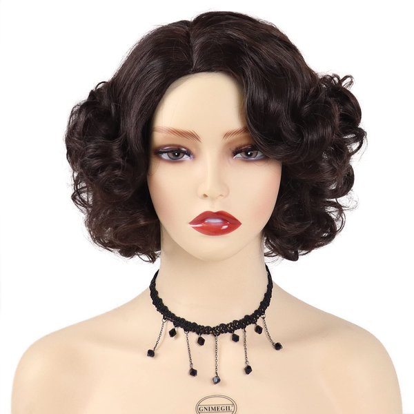 GNIMEGIL Synthetic Curly Wig Short Brown Hair Wigs for Women Natural Heat Resistant Wig Carnival Party Halloween Costume for Women Layered Wavy Wigs