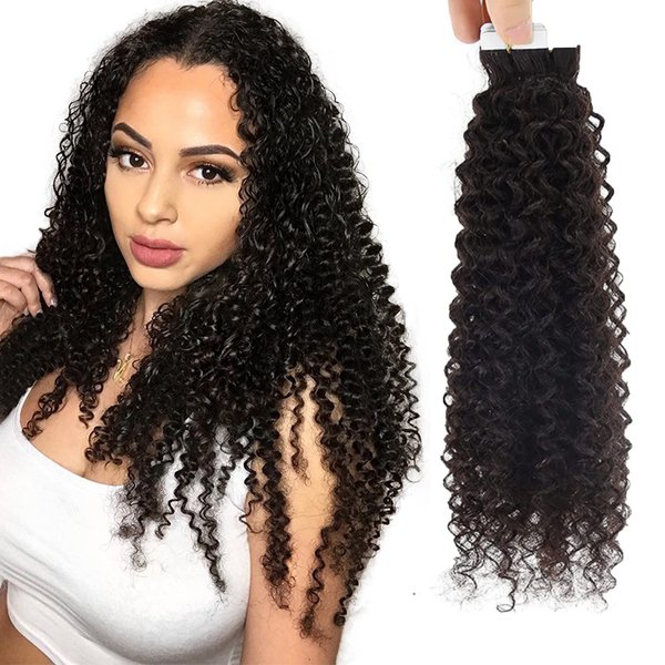 Tape in Hair Extensions Full Head Soft Curly Real Tape in Natural Hair Extensions Black Afro Kinky Curly Double Sided Tape Hair Extensions Brazilian Remy Human Hair for Women 16 Inch 20Pcs 50g