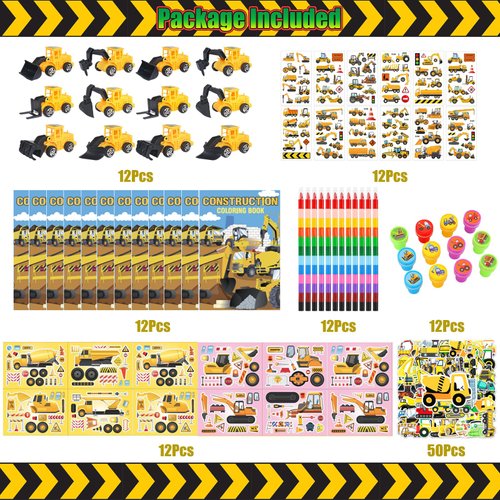122 Pcs Construction Party Favors, Excavator Goodie Bags Stuffers -Coloring Books, Tattoo Stickers, DIY Stickers, Stampers, Cars, Crayons,Stickers & xcavate Fun with Engineering-Birthday Party Gift
