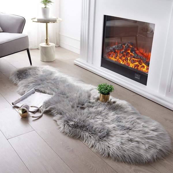 SERISSA Soft Fluffy Rug Grey Faux Sheepskin Fur Rug Shaggy Couch Cover for Bedroom Living Room Runner, 2x6 Feet