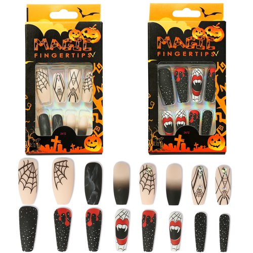 TailaiMei 48Pcs Halloween Press on Nails Long Fake Nails with Self-Adhesive Jelly Nail Glue Tabs, Spider-Web Artificial Nails Acrylic Full Cover Nails False Fingernails for Women (Spider-Web)