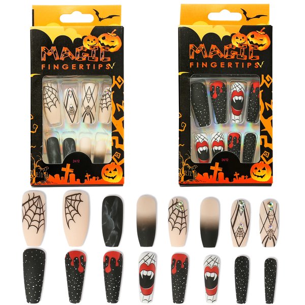 TailaiMei 48Pcs Halloween Press on Nails Long Fake Nails with Self-Adhesive Jelly Nail Glue Tabs, Spider-Web Artificial Nails Acrylic Full Cover Nails False Fingernails for Women (Spider-Web)