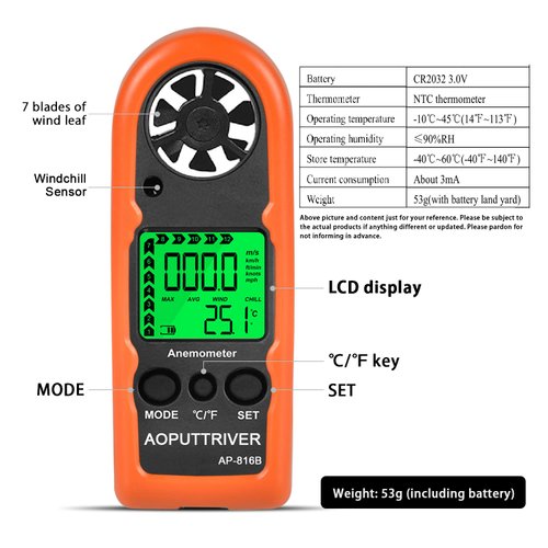Anemometer Handheld, AP-816B Wind Speed Meter with Protective Shell for Measuring Wind Speed Temperature and Max/Average/Current, Mini Anemometer for Windsurfing Sailing Fishing Outdoor Activities