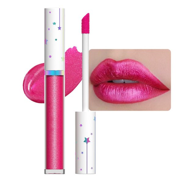 evpct 1Pcs Rose Pink Metallic Shimmer Glitter Lip Gloss Liquid Lipstick Long Lasting Waterproof 24, Glitter Pearlescent Metallic Sparkly Glossy Liquid Lipsticks Lip Stain Makeup Set for Women 01#