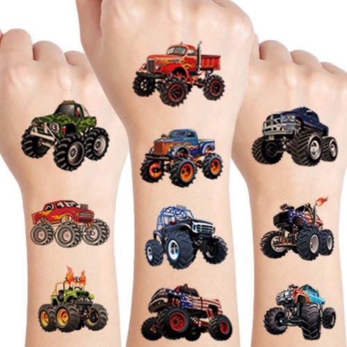UVUXO Monster Truck Temporary Tattoo for kids - 10 Sheets Cars Tattoos Temporary for Boys Monster Truck Birthday Party Supplies for Kids