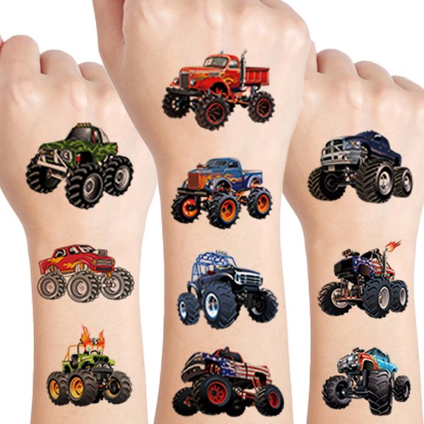 UVUXO Monster Truck Temporary Tattoo for kids - 10 Sheets Cars Tattoos Temporary for Boys Monster Truck Birthday Party Supplies for Kids