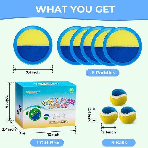 Weehoey Kids Toys - Outdoor Games for Kids, Toss and Catch Ball Set with 6 Paddles 3 Balls, Toys for 3 4 5 6 7 8+ Year Old Boys Girls Christmas Birthday Gifts (Light Blue)