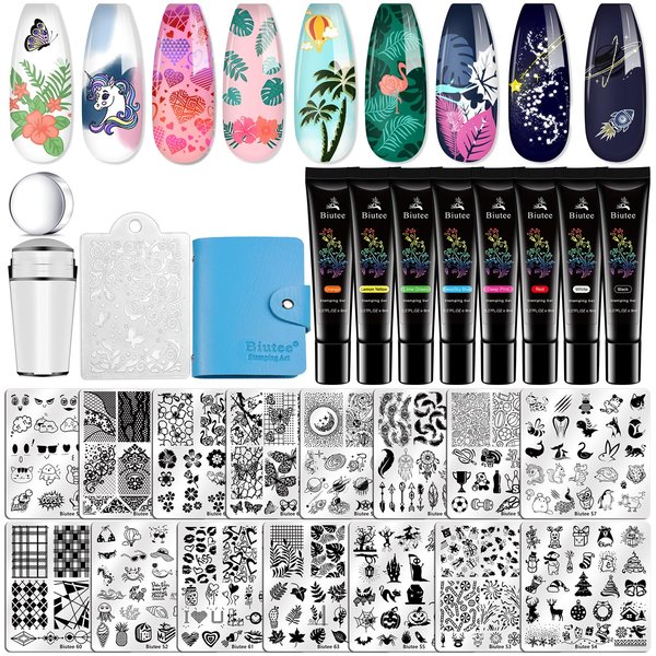 Biutee Nail Stamp Plates set 15 pcs Nail Plates 8 pcs Stamp Gel 1 pcs Nail Stamper Scraper Set Storage Bag Gift Box Nail Stamp Template Kit Lace Flower Star Holiday Design