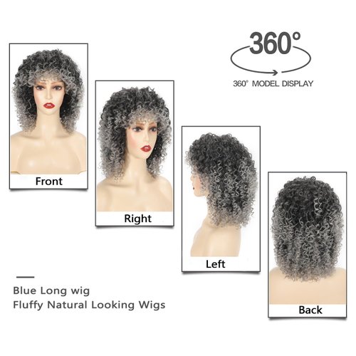 Daiaces Grey Ombre Curly Wig for Black Women Kinky Afro Curly Wigs with Bangs Hair Shoulder Length Ombre Grey Wig With Bangs Heat Resistant Synthetic Hair for Daily Use