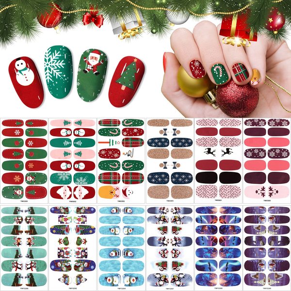 12 Sheets Christmas Full Nail Wraps, EBANKU Adhesive Nail Art Polish Stickers Santa Claus Penguin Snowman Design Nail Art Decals Strips with 1 Piece Nail Files for Women Girl Christmas Nail Decoration