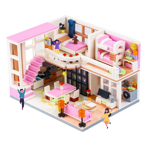 PinkBee Friends Duplex Apartment Building Block Sets, Mini Pink Dream House Kitchen Home Cottage Collectible Display Modular Decor Bricks Kits Birthday Gifts Ideas for Adults Teens 8-12 14+ (1221 PCS)