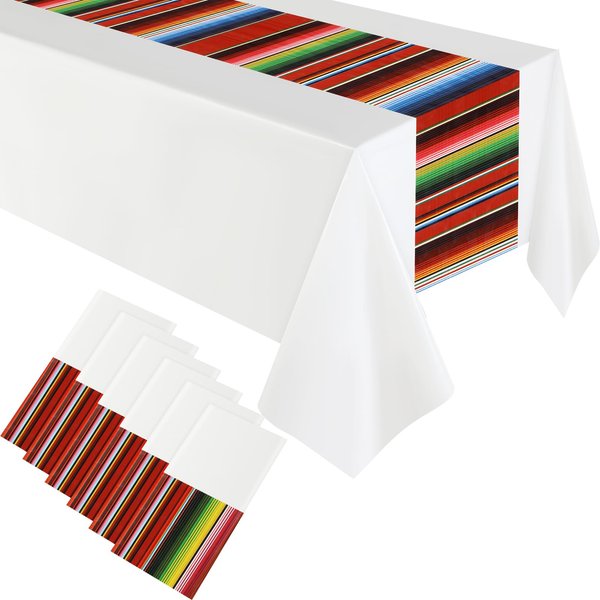 Hosuly Mexican Fiesta Tablecloth 54 x 108'' Party Plastic Tablecloth Striped Table Cover for Mexican Fiesta Party Decorations(White Background, 6 Pcs)