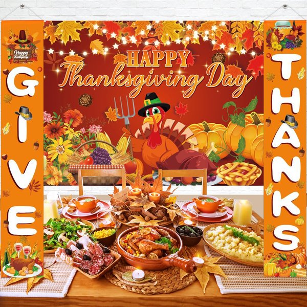 Thanksgiving Banners with 3 Pcs 71x43 Inch Happy Thanksgiving Backdrop & Give Thanks Porch Signs Hanging Ribbon for Door/Wall/Yard Decorations, Fall Party Supplies, Photography Background