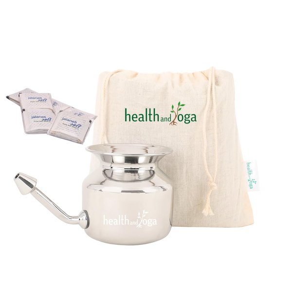 HealthAndYoga(TM) SteloKleen Superior Neti Pot Learner Improver Kit - Unbreakable Stainless Steel Pot - Smooth Leak Plug Nose Tip - Pure Salt 25 Pieces