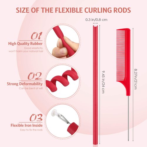 Syhood 30 Pcs Flexible Curling Rods 9.45" Twist Foam Hair Rollers Soft Foam No Heat Hair Rods Rollers and 1 Steel Pintail Comb Rat Tail Comb for Women Long Short Hair (Red,0.3 Inch)