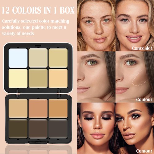 LSxia 12 Colors Cream [Contour+Concealer] Makeup Palette for Cheeks - Multi-functional Makeup Palette with Brush, Natural Matte Long Wearing, Waterproof Blendable Face Makeup Palette (#03)
