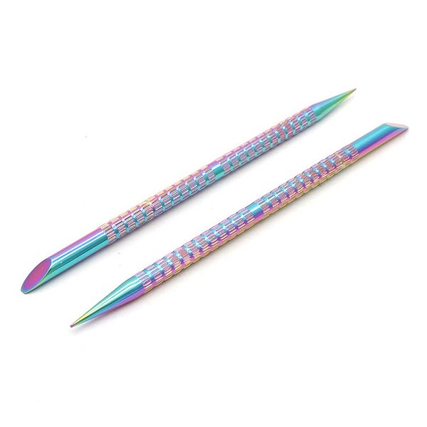 2 Pcs Holographic Stainless Steel Sticks Double Sided Nail Art and Cuticle Pusher Remover Manicure Pedicure Tool