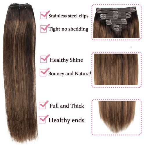 Clip in Hair Extensions Balayage Dark Brown Mixed Chestnut Brown Hair Extensions Clip in Human Hair Invisible Remy Natural Hair Extensions Silky Straight 120g 8pcs (20 inch, 2/6/2)