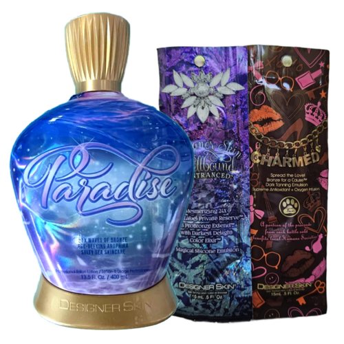Australian Gold Designer Skin Paradise 21x Bronzer Tanning Lotion with sample packets of Designer Skin Spellbound and Charmed, Blue