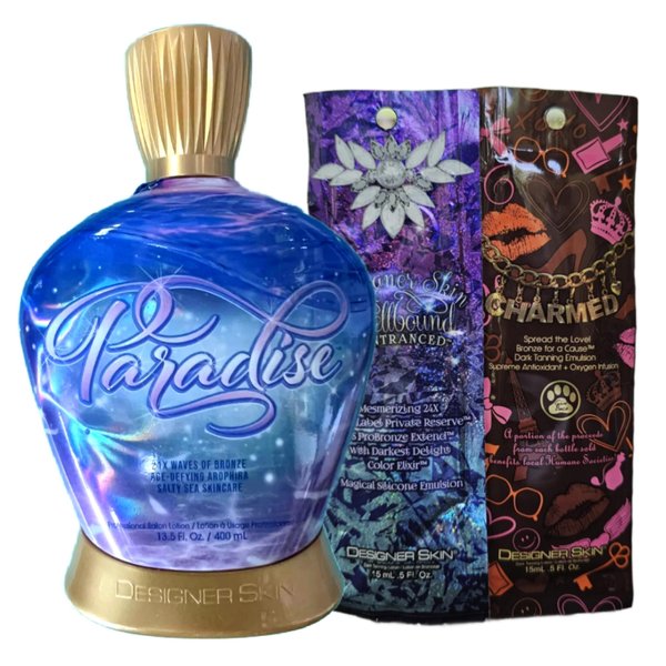 Australian Gold Designer Skin Paradise 21x Bronzer Tanning Lotion with sample packets of Designer Skin Spellbound and Charmed, Blue
