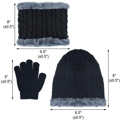EAONE 3Pcs Winter Knitted Beanie Hat and Neck Scarf Set with Gloves, Thick Fleece Lining Cap Neck Warmer Gaiter for Boys Girls Age 5-12, Black