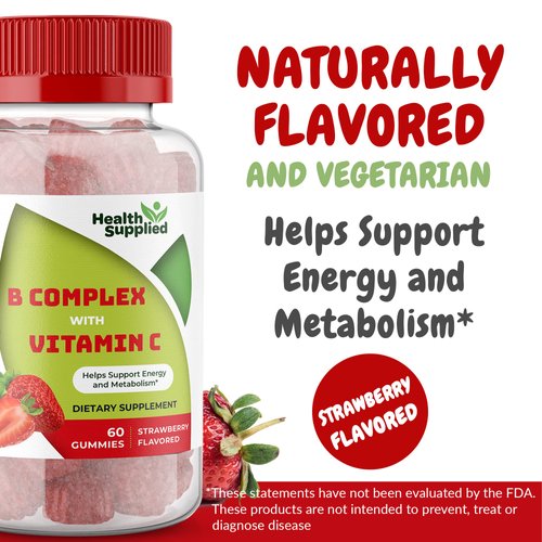 Strawberry Flavored Vitamin B Complex Gummies - B Complex with Vitamin C - Supports Nervous System and Boosts Energy Levels - Assists with Cognitive Function - Great Tasting and Easy to Swallow