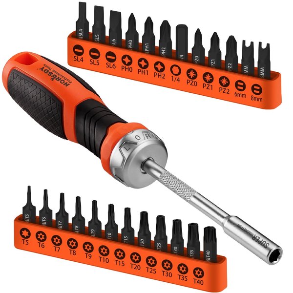 HORUSDY 25-Piece Security Torx Screwdriver Bit Set | T5-T40 Torx Bit Set 1/4 inch Ratcheting Magnetic Bit Driver | 12Pcs Torx Bit and 12Pcs Common Bit