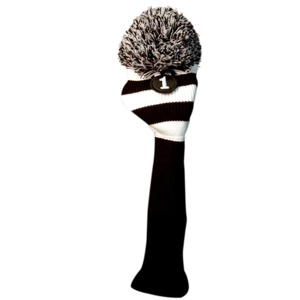Majek #1 up to 460cc Driver Black & White Golf Headcover Knit Pom Pom Retro Classic Vintage Head Cover