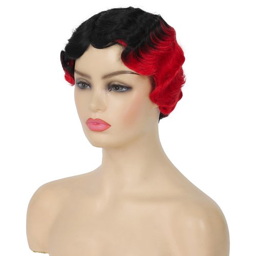 Tseses Finger Wave Wig Short Black and Red Nuna Wigs for Women Synthetic Hair Curly Wigs Cosplay Costume Fancy Halloween Dress With Wig Cap