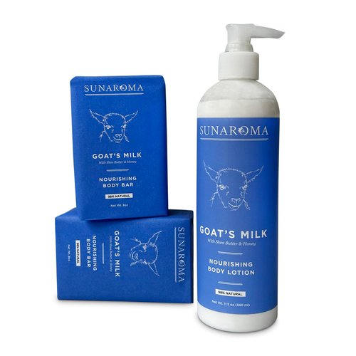 Sunaroma Goat Milk Bath & Body Set - Goat Milk Soap and Lotion - Includes 2 Sunaroma Natural Soap Bars (8 oz each) and 1 Goat Milk Lotion (11.5 oz) - Made with Organic Ingredients