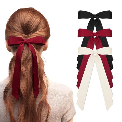 3Pcs Hair Bows Clip for Women Girls Satin Hair Ribbon Bows for Hair Long Tail French Barrettes Hair Accessories for Parties Weddings-Black/Red/Beige