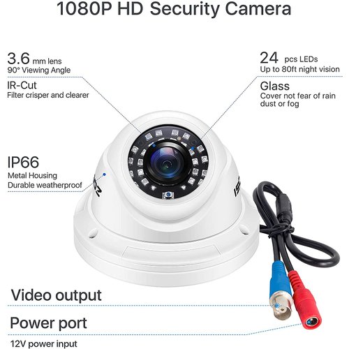 ZOSI 2.0MP 1080P 1920TVL HD-TVI CCTV Security Dome Camera,80ft IR Night Vision, Aluminum Metal Housing for HD-TVI, AHD, CVI 720P,1080P,5MP,4K Analog Surveillance DVR (Renewed)