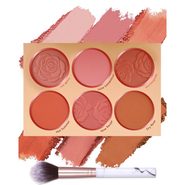 Matte Rose Face Blush Palette Kit with Brush-6 Color High Pigment Silky Mineral Blendable Blusher Contour Powder for Cheeks,Longlasting Eyeshadow Facial Beauty Cosmetic Makeup Gift for Women-Set 02