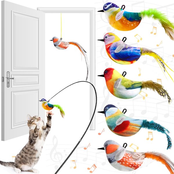 RattanView 5 Pcs Squeak Real Birds Interactive Cat Toys with Catnip,for Indoor Cats, with Chirping Birds Electronic Sound and Feather for Indoor Kitty Exercise
