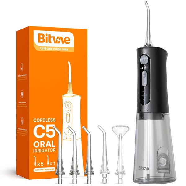 Bitvae Water Dental Flosser for Teeth, Cordless Water Teeth Cleaner Picks, 3 Modes 5 Intensities, IPX7 Waterproof Water Flosser, USB Rechargeable Water Dental Picks for Cleaning - Black