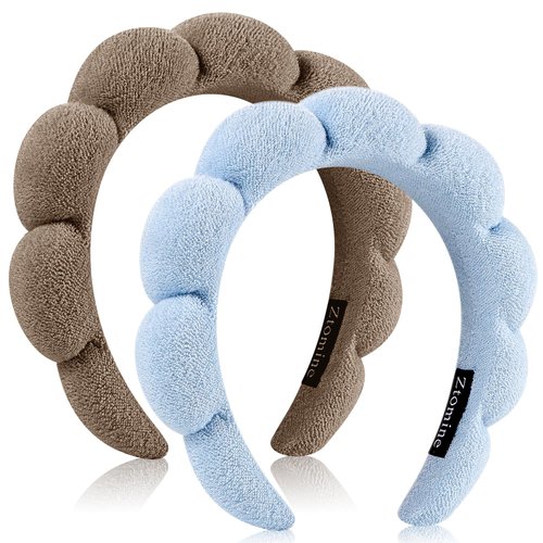 Ztomine Spa Headbands for Washing Face or Facial, Set of 2 Skincare Headbands, Terry Cloth Headband Face Wash Headband Combo Pack - Puffy Makeup Headbands for Face Washing, Mask(Dark khaki + blue)