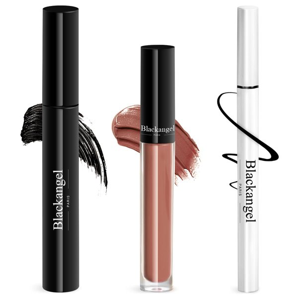 Blackangel Lash-Lengthening Black Mascara, Super Stay Matte Liquid Lipstick, Long Lasting, Waterproof Formula, Black Eyeliner (#811+mascara+eyeliner)