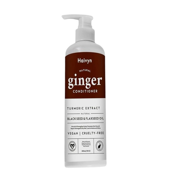 Haivyn Natural Ginger Conditioner with Turmeric, Black Seed, and Flaxseed Oils for Healthy Scalp and Lustrous Hair, 10 oz, White