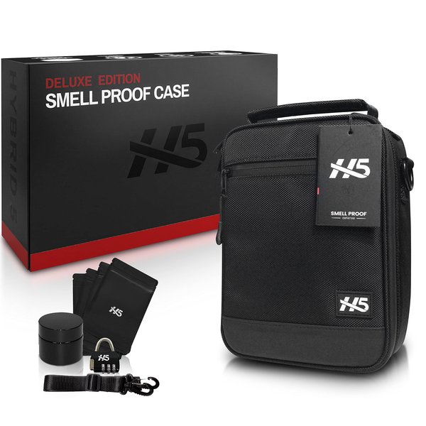 H5 Smell Proof Stash Box Set - Premium YKK Zippers - Odor Proof Dog Tested Bag Plus Smellproof Container, 4X Resealable Pouch Baggies, Strap, Combo Lock- Smell Proof Case/No Scent Travel Storage Bag