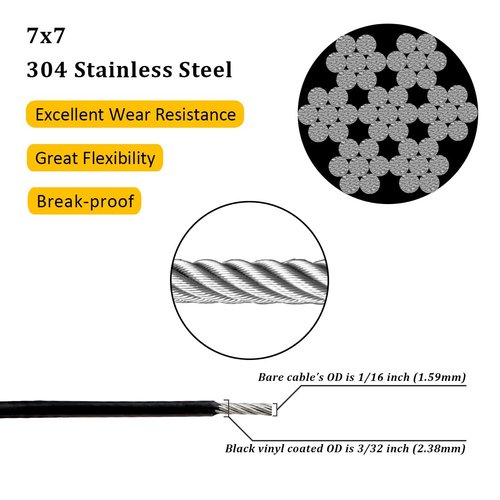 Wire Rope 304 Stainless Steel Wire Cable Black Vinyl Coated, Outdoor Light Guide Wire, Suitable for String Lights, Clotheslines, 1/16 Inch Overmolded to 3/32 Inch 100ft