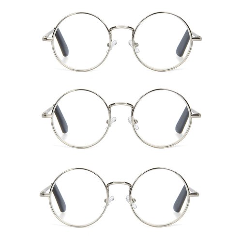 EYE ZOOM 3 Pack Metal Frame Round Reading Glasses with Spring Hinge (Silver, 1.75 Strength)