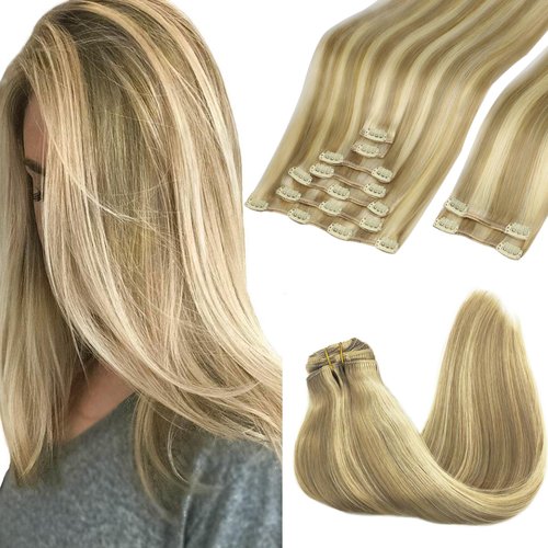 GOO GOO Clip in Hair Extensions Real Human Hair, 14inch 150g 9Pcs, 16/22 Light Blonde Highlighted Golden Blonde, Remy Human Hair Extensions Clip ins for Women, Natural Human Hair