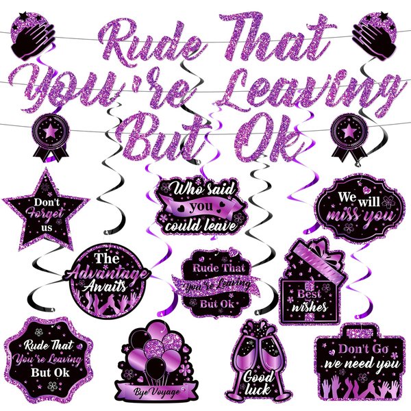 Rude That You're Leaving But OK Banner Decorations Purple Black Going Away Banner Hanging Swirls Decorations for Office Goodbye Farewell Coworker Leaving Job Retirement Party Supplies