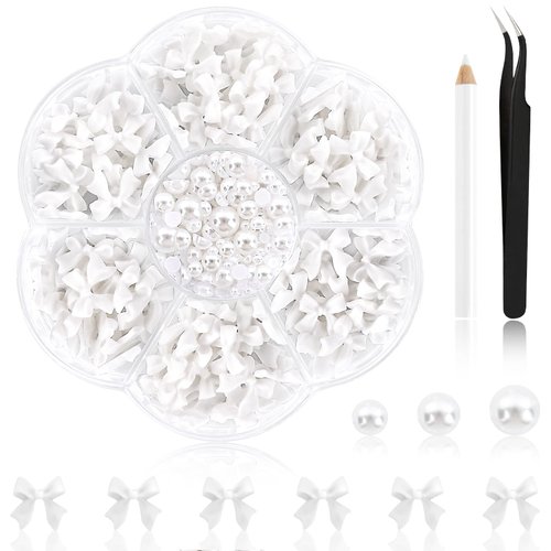 NACHLYNN 630 Pcs Bow Nail Charms White Bowknot 3D Cute Nail Charms Flat Back Pearl White Flatback Pearl Beads for Nail DIY Art Crafts Resin Rhinestones Jewelry Decoration Accessories