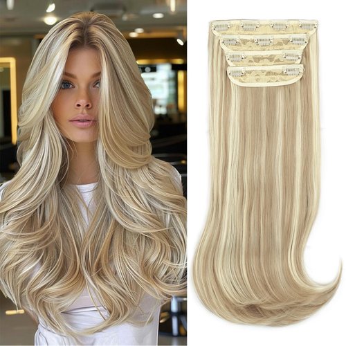 FREEMEIGE Clip in Hair Extensions,4PCS Dirty Blonde Mixed Bleach Blonde Hair Extensions Thick Long Stright Layered Hair Extensions 20 Inch Invisible Lace Weft Hair Extensions for Women
