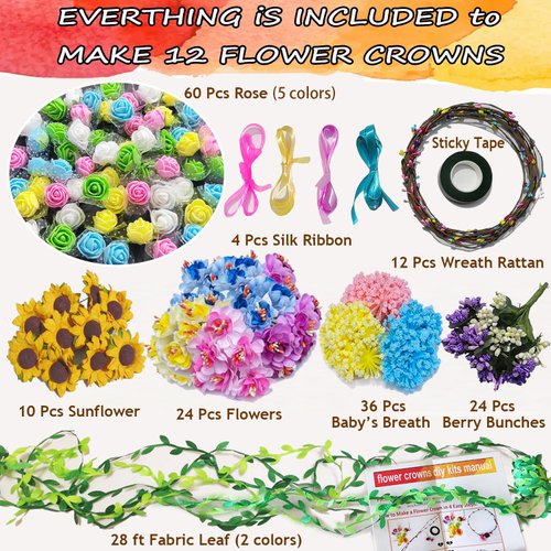 WUBOMJIO Flower Crowns Craft Kit, Make Your Own 12 PCs Flower Crowns Garland Handmade Arts and Crafts for Kids, DIY Fairy Flower Headbands and Bracelets,Hair Accessories Gift for Girls/Teens/Women